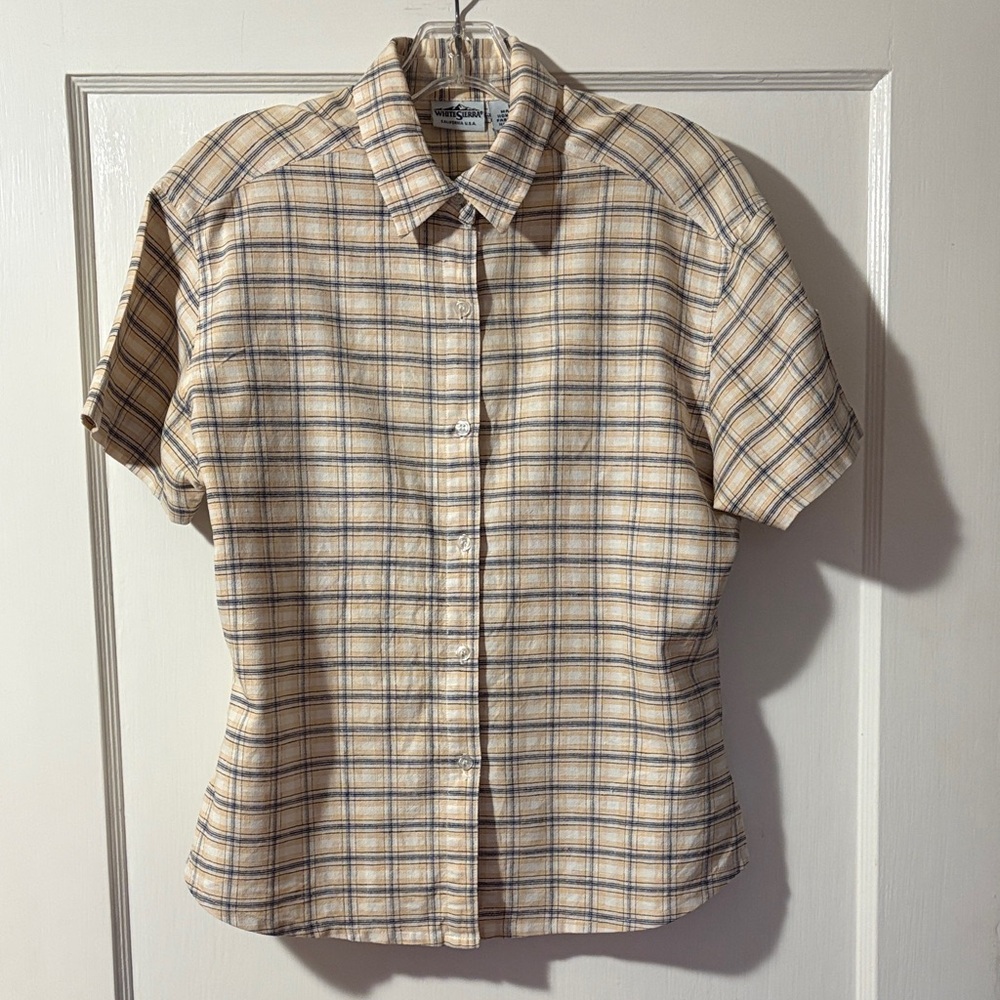 White Sierra Shirt Women’s Medium Blue / Beige Plaid Button Down